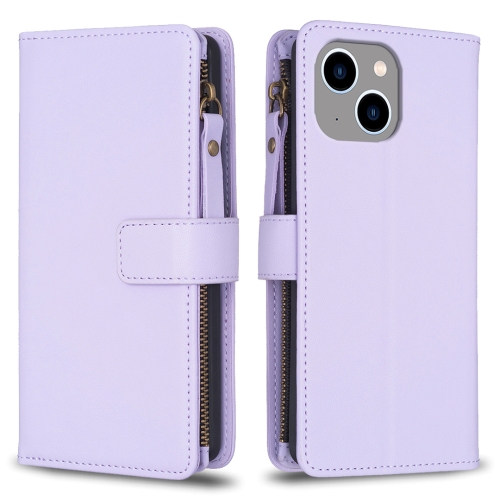 

For iPhone 15 Plus 9 Card Slots Zipper Wallet Leather Flip Phone Case(Light Purple)