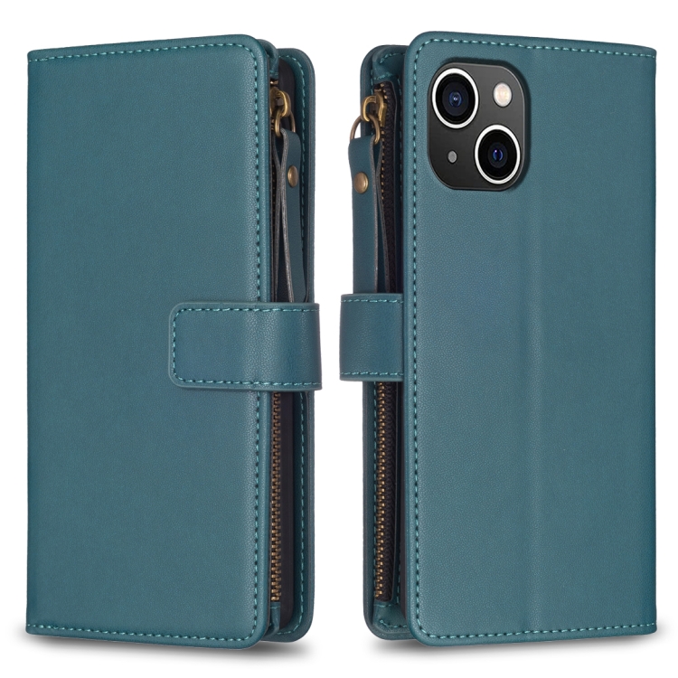 

For iPhone 15 9 Card Slots Zipper Wallet Leather Flip Phone Case(Green)