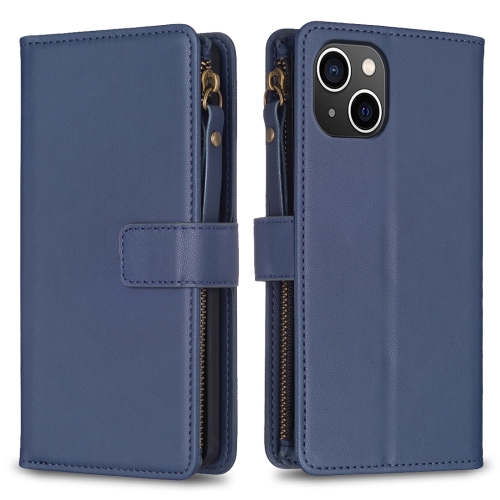 

For iPhone 15 9 Card Slots Zipper Wallet Leather Flip Phone Case(Blue)