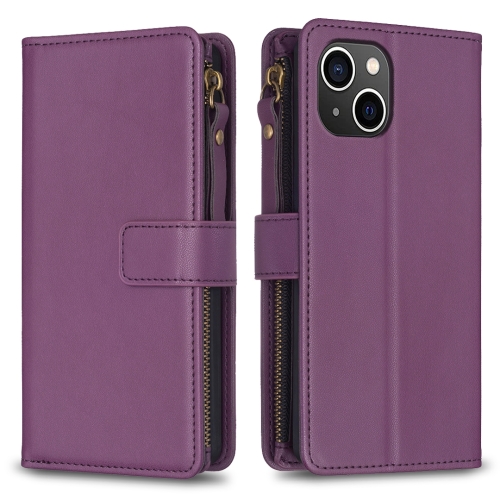 

For iPhone 15 9 Card Slots Zipper Wallet Leather Flip Phone Case(Dark Purple)