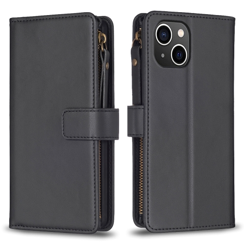 

For iPhone 15 9 Card Slots Zipper Wallet Leather Flip Phone Case(Black)