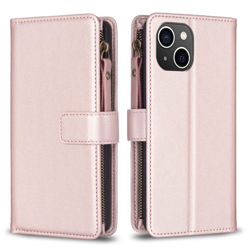 

For iPhone 15 9 Card Slots Zipper Wallet Leather Flip Phone Case(Rose Gold)