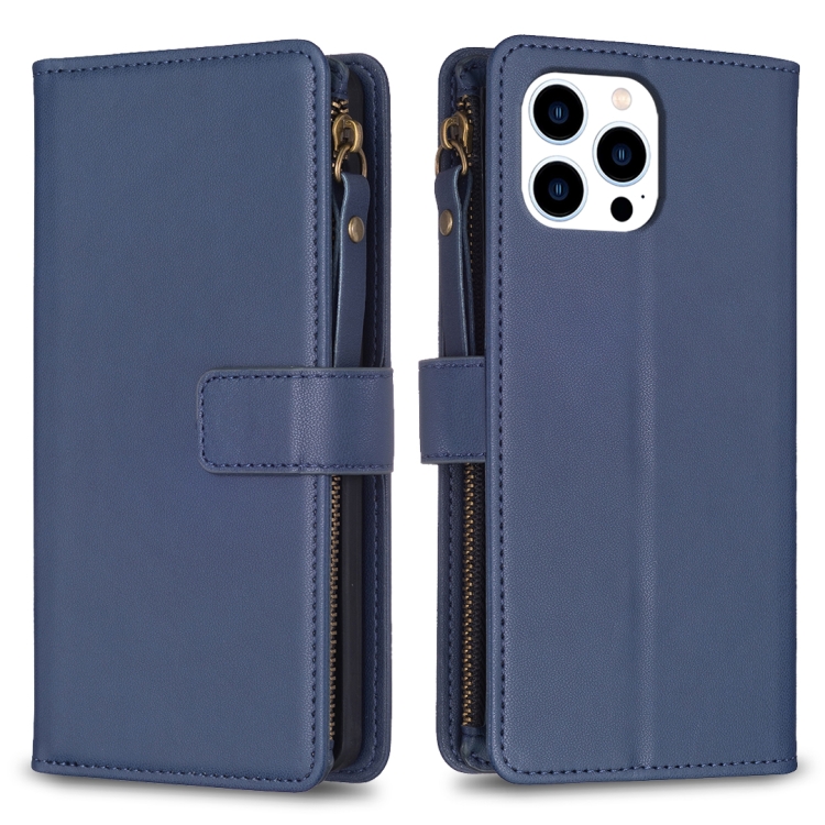

For iPhone 16 Pro 9 Card Slots Zipper Wallet Leather Flip Phone Case(Blue)