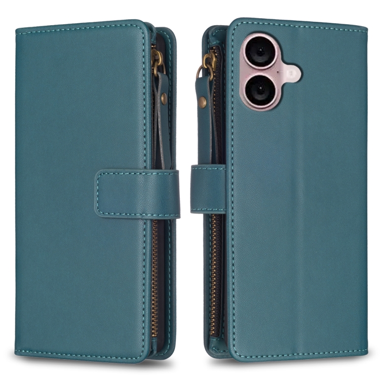 

For iPhone 16 9 Card Slots Zipper Wallet Leather Flip Phone Case(Green)