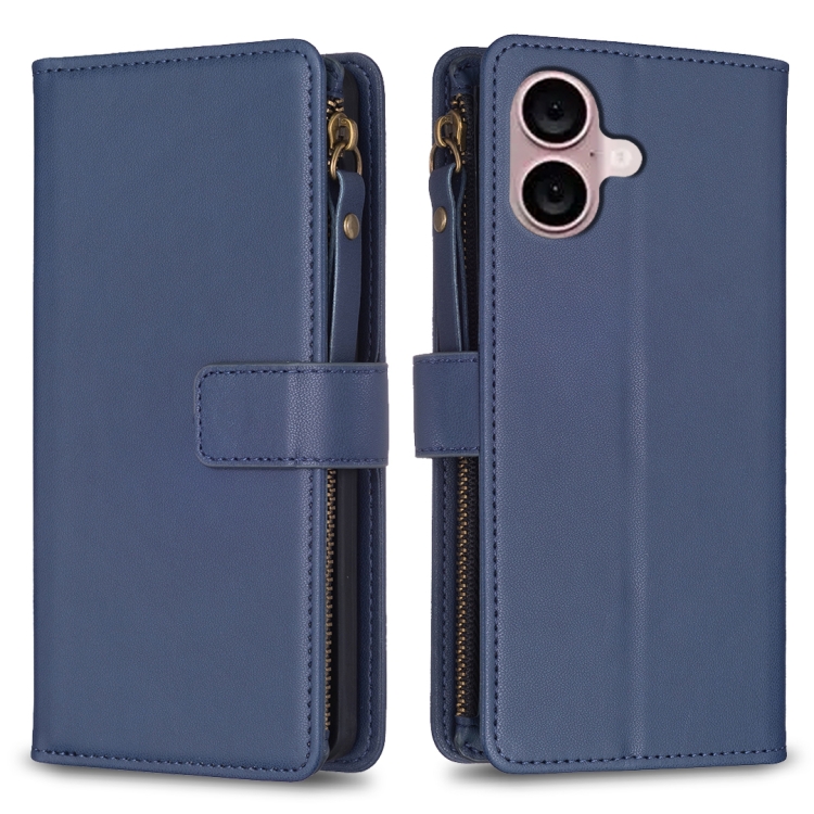 

For iPhone 16 9 Card Slots Zipper Wallet Leather Flip Phone Case(Blue)