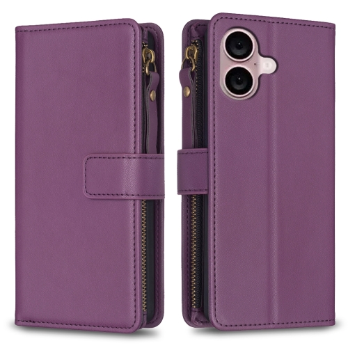 

For iPhone 16 9 Card Slots Zipper Wallet Leather Flip Phone Case(Dark Purple)