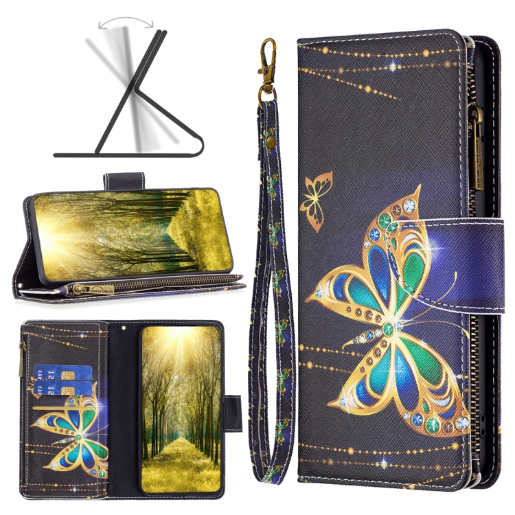 

For Xiaomi Redmi 12 4G Colored Drawing Pattern Zipper Leather Phone Case(Gold Butterfly)