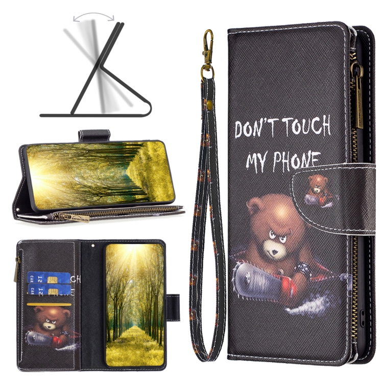 

For Xiaomi Redmi 12 4G Colored Drawing Pattern Zipper Leather Phone Case(Bear)
