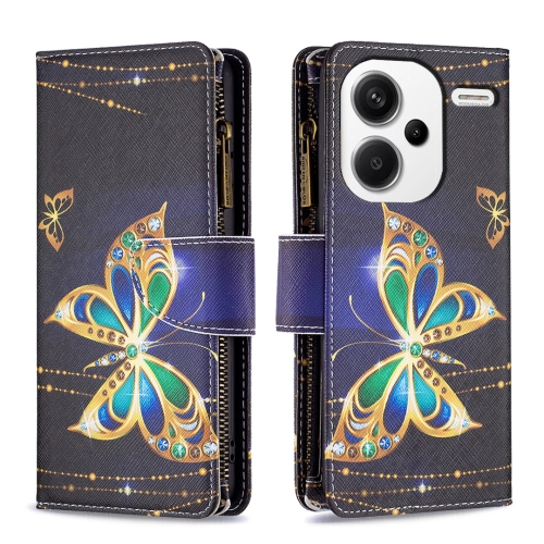 

For Xiaomi Redmi Note 13 Pro+ Colored Drawing Pattern Zipper Leather Phone Case(Gold Butterfly)