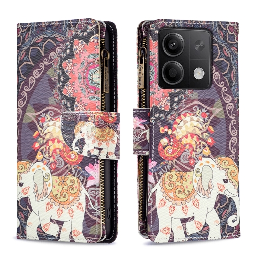 

For Xiaomi Redmi Note 13 Colored Drawing Pattern Zipper Leather Phone Case(Flower Elephants)