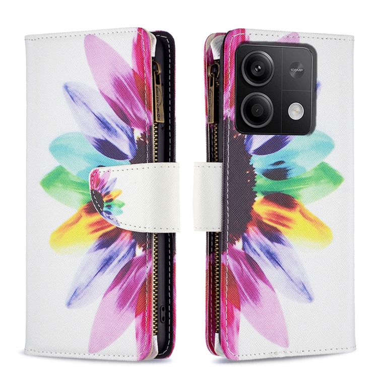 

For Xiaomi Redmi Note 13 Colored Drawing Pattern Zipper Leather Phone Case(Sun Flower)