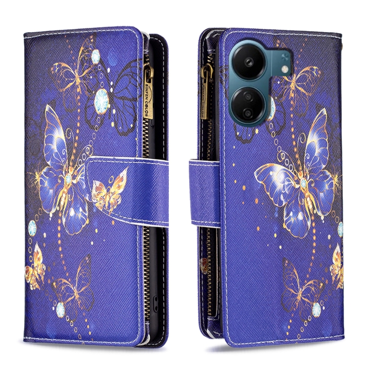 

For Xiaomi Redmi 13C Colored Drawing Pattern Zipper Leather Phone Case(Purple Butterfly)