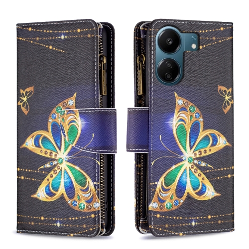 

For Xiaomi Redmi 13C Colored Drawing Pattern Zipper Leather Phone Case(Gold Butterfly)