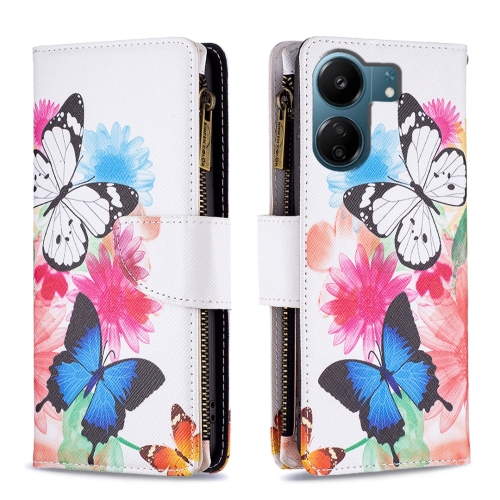 

For Xiaomi Redmi 13C Colored Drawing Pattern Zipper Leather Phone Case(Two Butterflies)