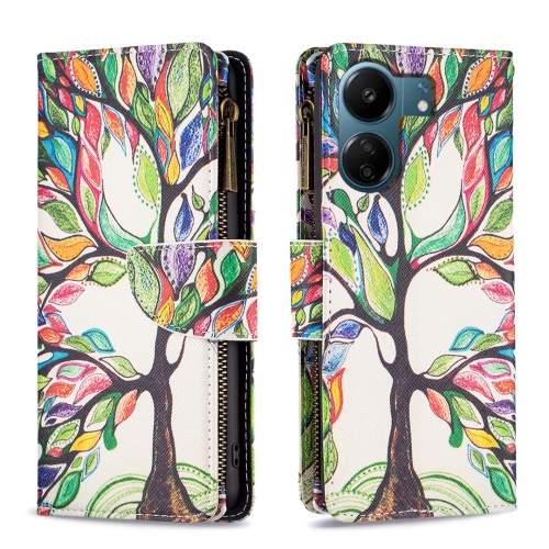 

For Xiaomi Redmi 13C Colored Drawing Pattern Zipper Leather Phone Case(Big Tree)