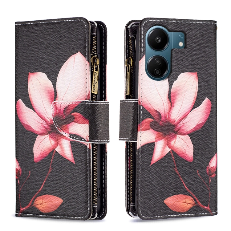 

For Xiaomi Redmi 13C Colored Drawing Pattern Zipper Leather Phone Case(Lotus)