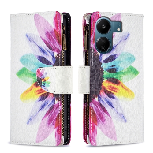 

For Xiaomi Redmi 13C Colored Drawing Pattern Zipper Leather Phone Case(Sun Flower)