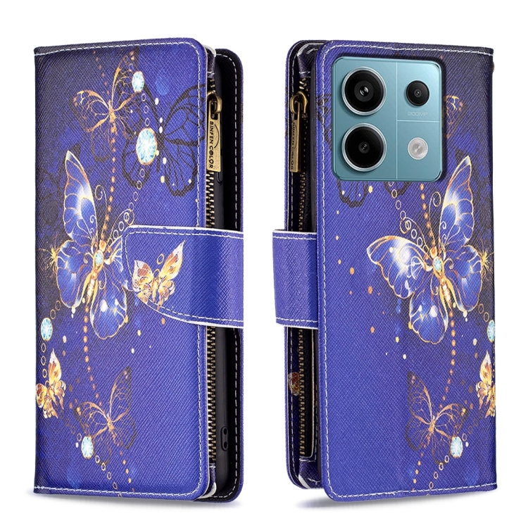

For Xiaomi Poco M6 Pro 4G Colored Drawing Pattern Zipper Leather Phone Case(Purple Butterfly)