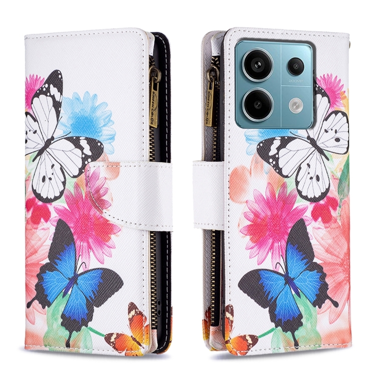 

For Xiaomi Poco M6 Pro 4G Colored Drawing Pattern Zipper Leather Phone Case(Two Butterflies)
