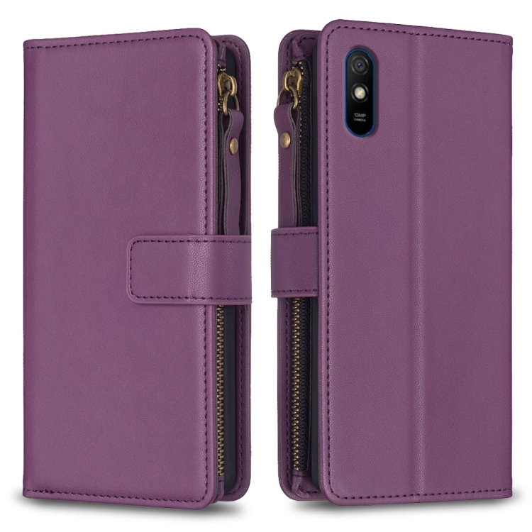 

For Xiaomi Redmi 9A 9 Card Slots Zipper Wallet Leather Flip Phone Case(Dark Purple)