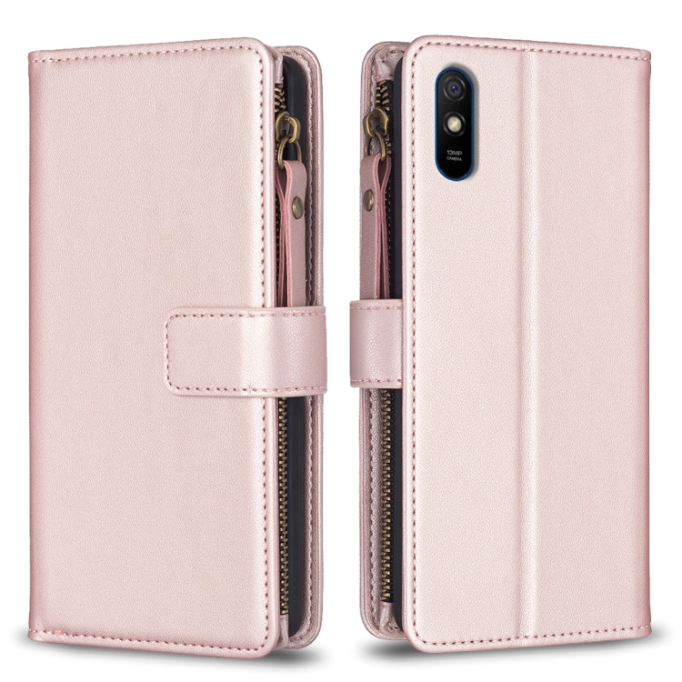 

For Xiaomi Redmi 9A 9 Card Slots Zipper Wallet Leather Flip Phone Case(Rose Gold)
