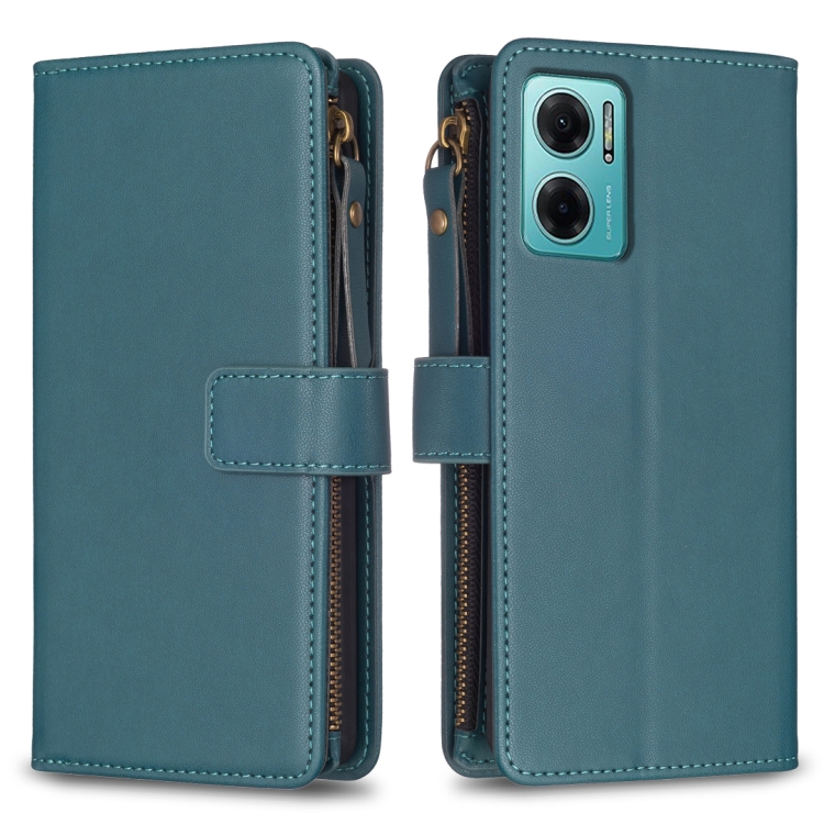 

For Xiaomi Redmi 10 5G 9 Card Slots Zipper Wallet Leather Flip Phone Case(Green)