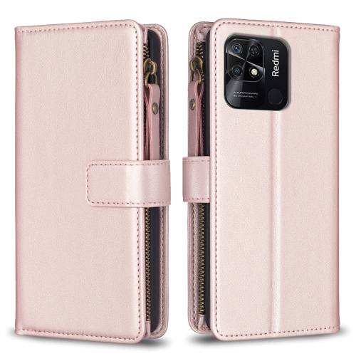 

For Xiaomi Redmi 10C 9 Card Slots Zipper Wallet Leather Flip Phone Case(Rose Gold)