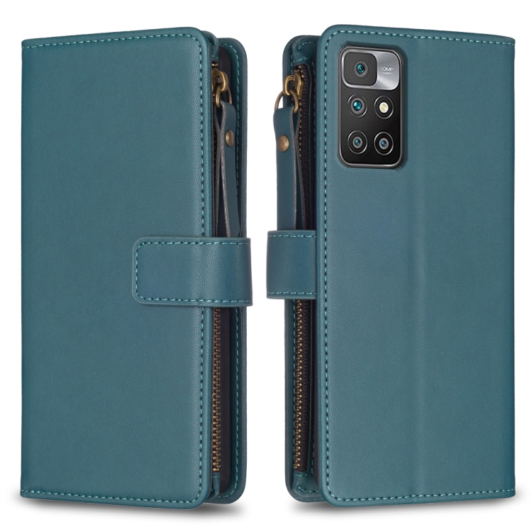 

For Xiaomi Redmi 10 9 Card Slots Zipper Wallet Leather Flip Phone Case(Green)