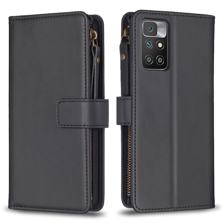 

For Xiaomi Redmi 10 9 Card Slots Zipper Wallet Leather Flip Phone Case(Black)