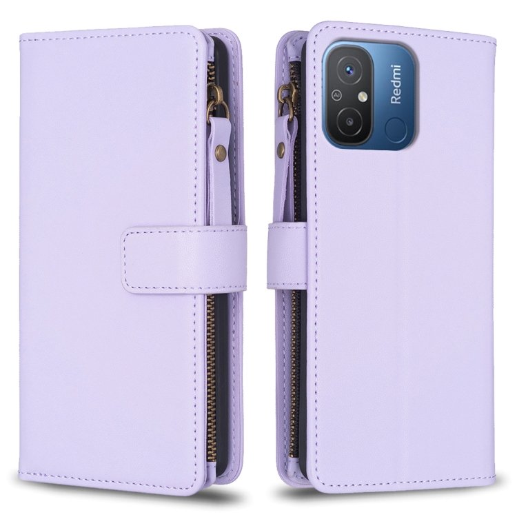 

For Xiaomi Redmi 12C 9 Card Slots Zipper Wallet Leather Flip Phone Case(Light Purple)