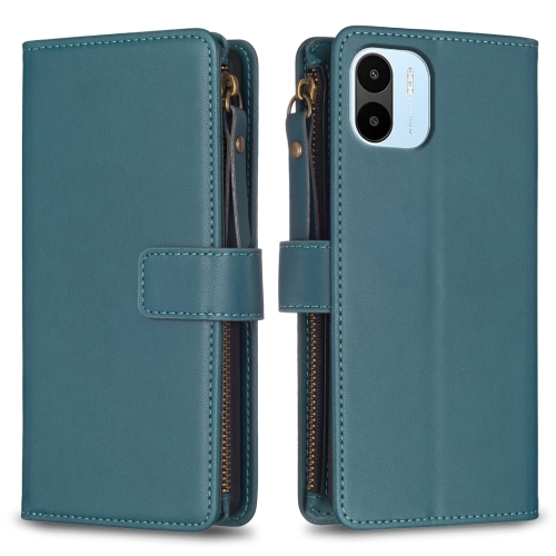 

For Xiaomi Redmi A1 / A2 9 Card Slots Zipper Wallet Leather Flip Phone Case(Green)