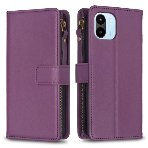 

For Xiaomi Redmi A1 / A2 9 Card Slots Zipper Wallet Leather Flip Phone Case(Dark Purple)