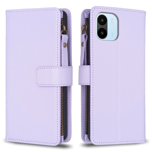 

For Xiaomi Redmi A1 / A2 9 Card Slots Zipper Wallet Leather Flip Phone Case(Light Purple)