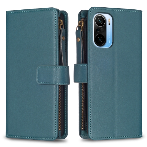 

For Xiaomi Redmi K40 / K40 Pro 9 Card Slots Zipper Wallet Leather Flip Phone Case(Green)