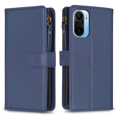 

For Xiaomi Redmi K40 / K40 Pro 9 Card Slots Zipper Wallet Leather Flip Phone Case(Blue)