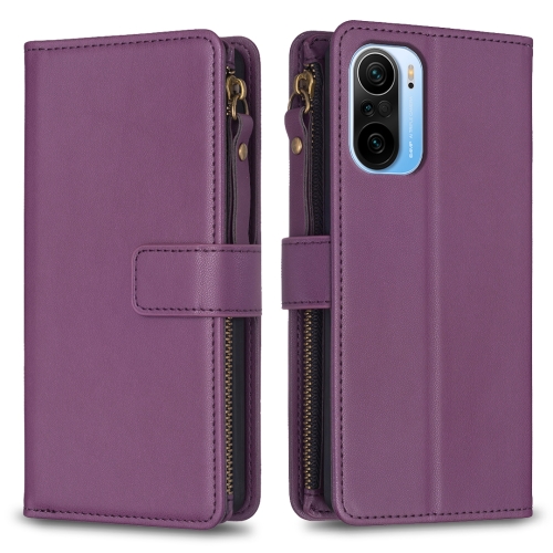 

For Xiaomi Redmi K40 / K40 Pro 9 Card Slots Zipper Wallet Leather Flip Phone Case(Dark Purple)