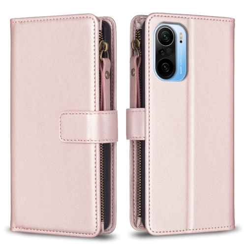 

For Xiaomi Redmi K40 / K40 Pro 9 Card Slots Zipper Wallet Leather Flip Phone Case(Rose Gold)