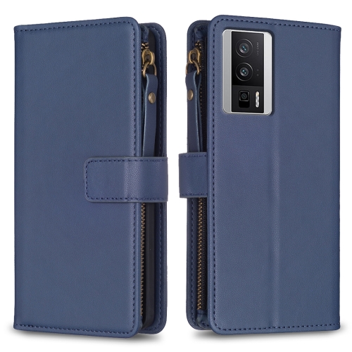 

For Xiaomi Redmi K60 / K60 Pro 9 Card Slots Zipper Wallet Leather Flip Phone Case(Blue)