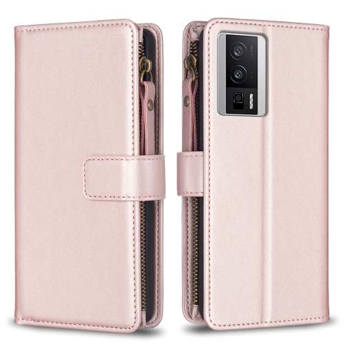 

For Xiaomi Redmi K60 / K60 Pro 9 Card Slots Zipper Wallet Leather Flip Phone Case(Rose Gold)