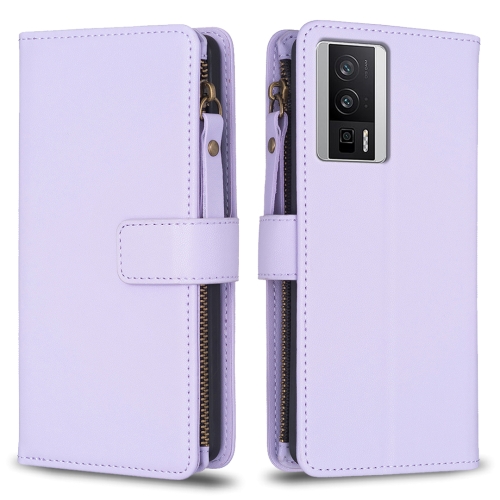 

For Xiaomi Redmi K60 / K60 Pro 9 Card Slots Zipper Wallet Leather Flip Phone Case(Light Purple)