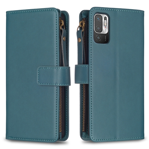 

For Xiaomi Redmi Note 10 5G 9 Card Slots Zipper Wallet Leather Flip Phone Case(Green)