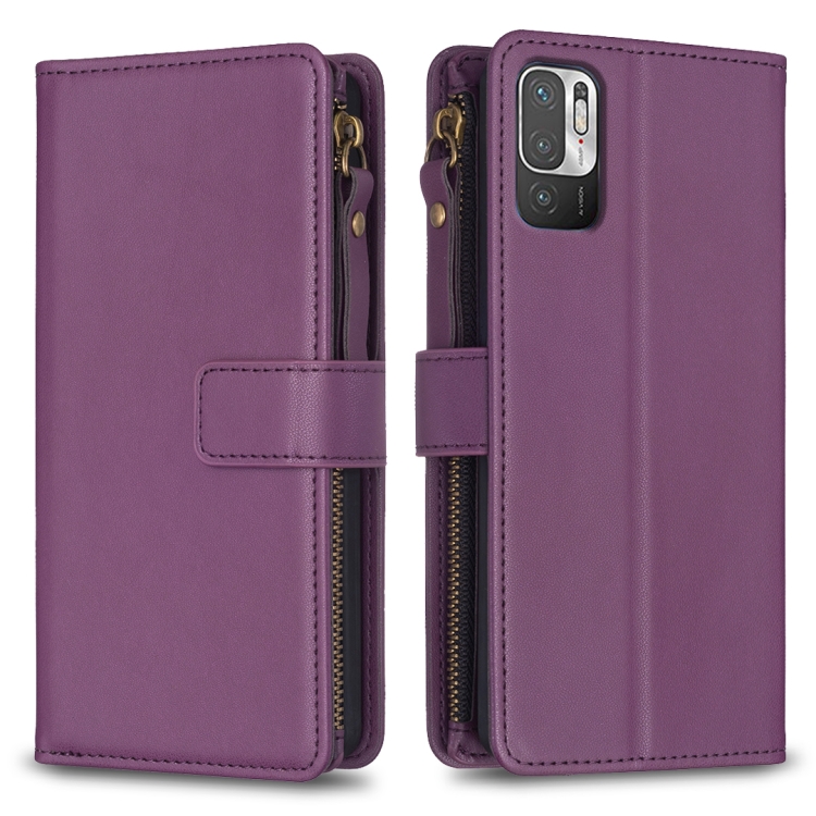 

For Xiaomi Redmi Note 10 5G 9 Card Slots Zipper Wallet Leather Flip Phone Case(Dark Purple)