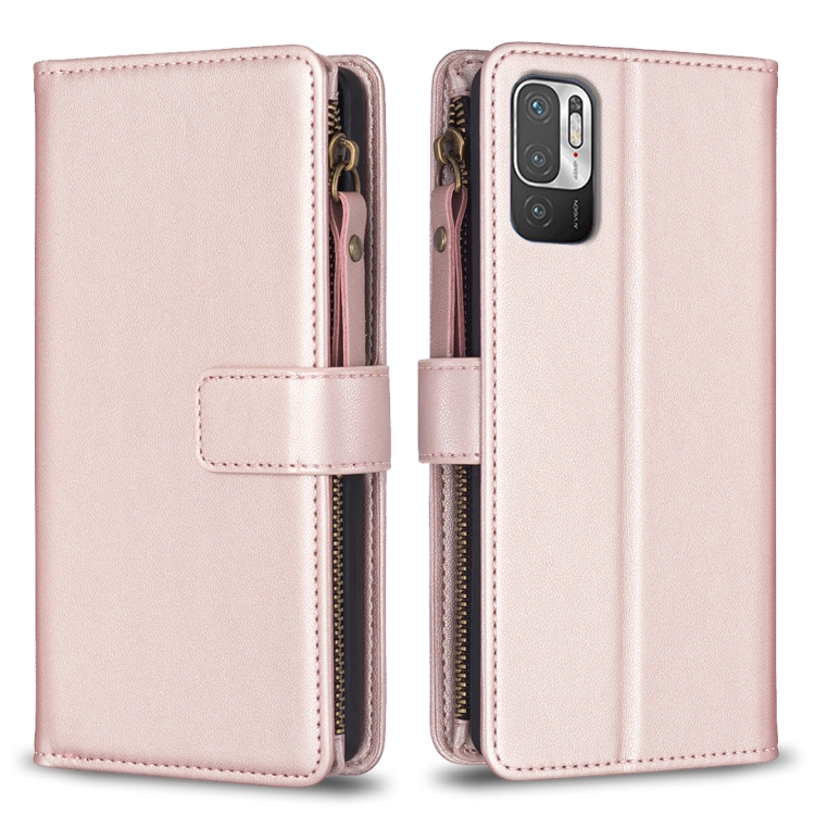 

For Xiaomi Redmi Note 10 5G 9 Card Slots Zipper Wallet Leather Flip Phone Case(Rose Gold)
