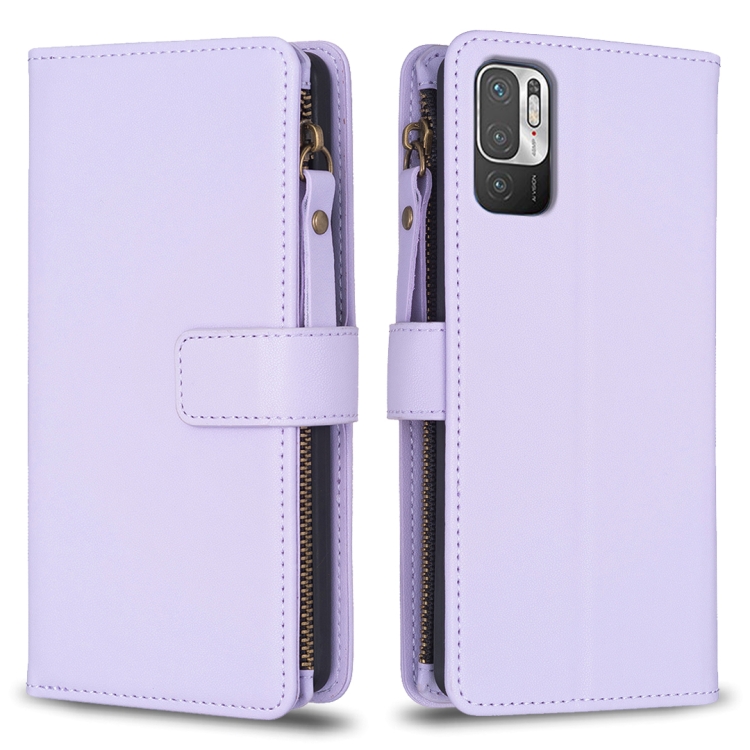 

For Xiaomi Redmi Note 10 5G 9 Card Slots Zipper Wallet Leather Flip Phone Case(Light Purple)