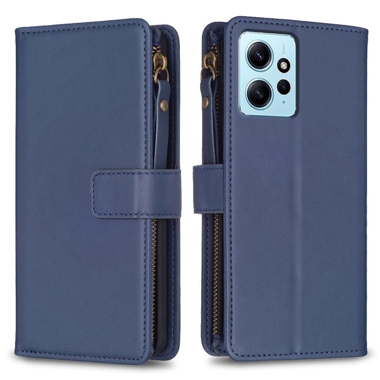 

For Xiaomi Redmi Note 12 4G 9 Card Slots Zipper Wallet Leather Flip Phone Case(Blue)