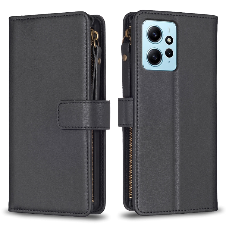 

For Xiaomi Redmi Note 12 4G 9 Card Slots Zipper Wallet Leather Flip Phone Case(Black)
