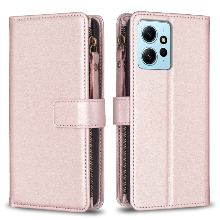 

For Xiaomi Redmi Note 12 4G 9 Card Slots Zipper Wallet Leather Flip Phone Case(Rose Gold)