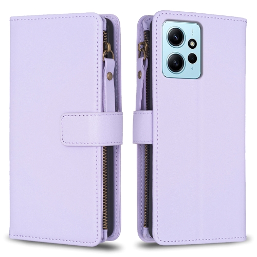 

For Xiaomi Redmi Note 12 4G 9 Card Slots Zipper Wallet Leather Flip Phone Case(Light Purple)