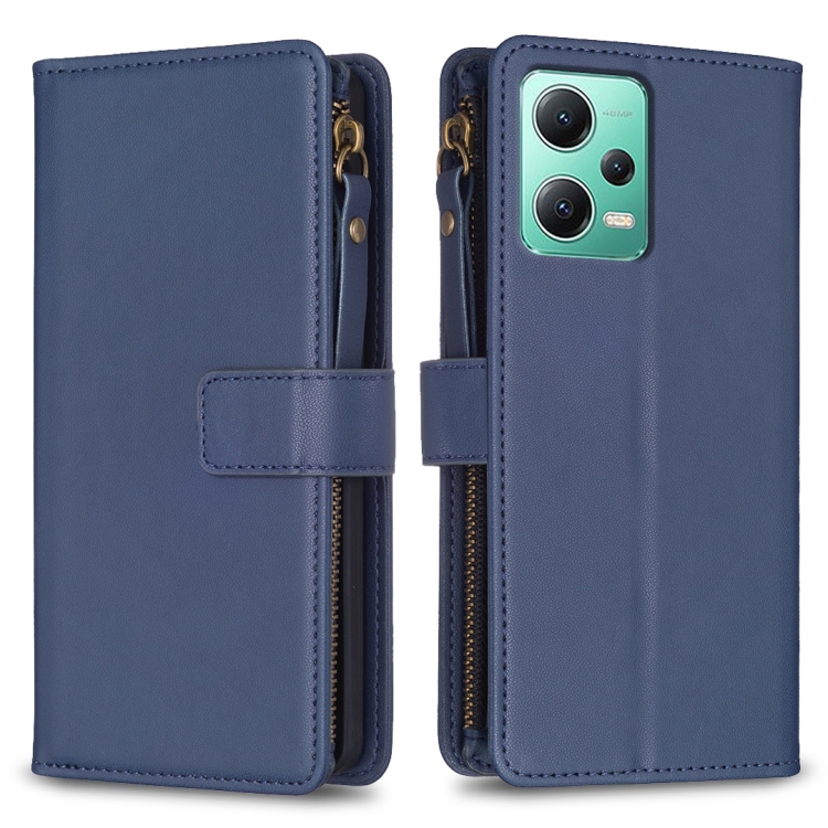 

For Xiaomi Redmi Note 12 5G 9 Card Slots Zipper Wallet Leather Flip Phone Case(Blue)