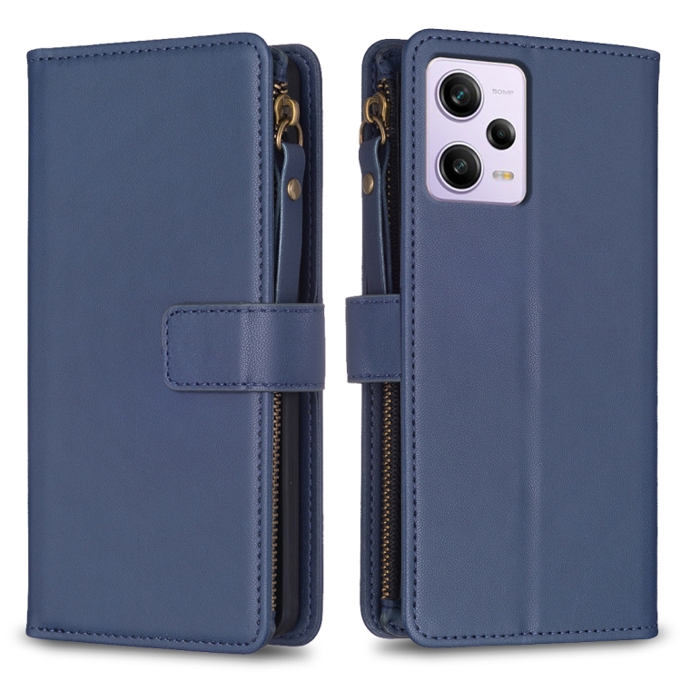 

For Xiaomi Redmi Note 12 Pro 9 Card Slots Zipper Wallet Leather Flip Phone Case(Blue)
